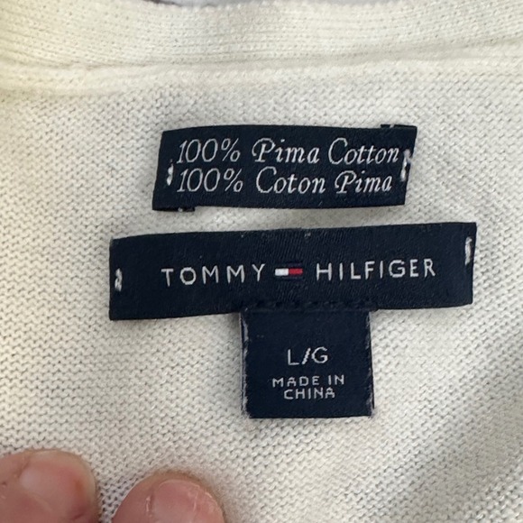 Tommy Hilfiger Womens Argyle V Neck Sweater Cream Blue L/G 100% Pima Cotton - Picture 2 of 12